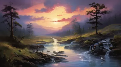 雨后日落，托馬斯·金卡德風格油畫中的一條小溪
