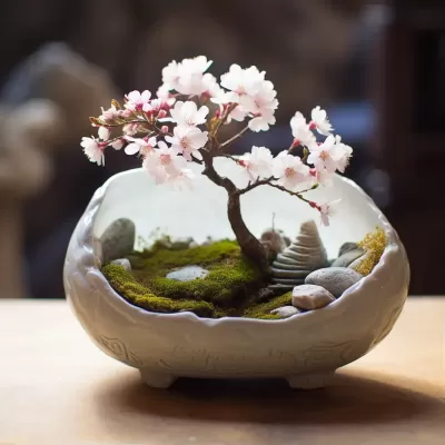 花園碗中的巖石下櫻花樹