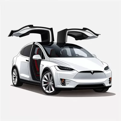 卡通特斯拉Model X矢量圖，車門敞開，簡潔矢量，剪貼畫，2D矢量資產(chǎn)，簡約矢量，粗線輪廓，白色背景。