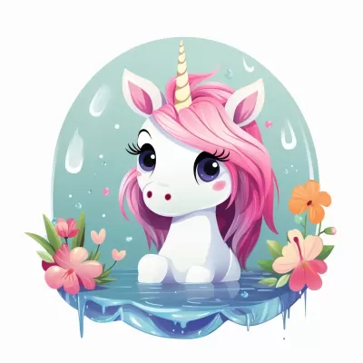 瀑布旁可愛的小獨角獸，色彩簡潔明亮，卡通風格，生動活潑