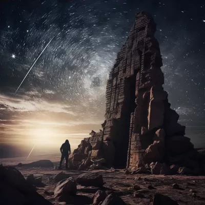 古代廢墟巨石指向東方，星軌攝影描繪神秘，高清細膩如漫畫。