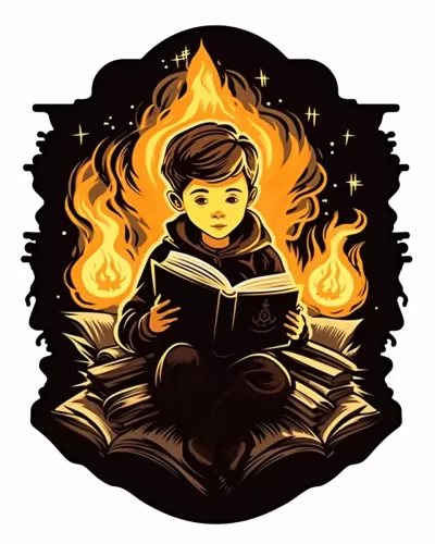 幽靈環(huán)繞下，孩子燭光下閱讀著恐怖書，復(fù)古風(fēng)格的恐怖書籍貼紙。