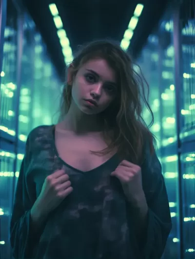 迷人夜色下，數據庫中心的迷人女子與暗色調的粉藍迷幻燈光。