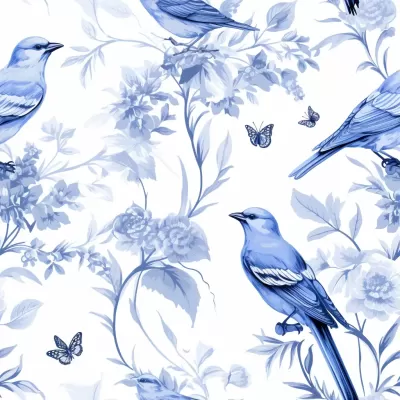 白底藍鳥紋，細致Toile de Jouy插圖