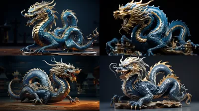 神韻綻放：藍龍翱翔，金光閃耀。水墨與動畫交融，展現栩栩如生的飛龍之美。