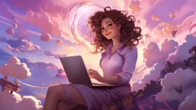 《想象中的世界》：少女紙上寫滿快樂，想象中的角色躍入粉云，數字插畫，紫羅蘭和洋紅交織。