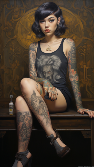 紋身少女，短褲煙斗，美國經(jīng)典油畫大師風(fēng)格下的迷人畫作