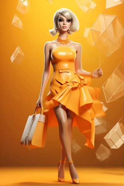 “迷人的時(shí)尚姿態(tài)，透明中的扭曲藝術(shù)——橙裙女郎，Daz3D的極簡裝扮，強(qiáng)烈震撼的霓虹色調(diào)”