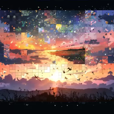 夜幕降臨，美麗光暈，側面視角，拼貼風格，4K高清。