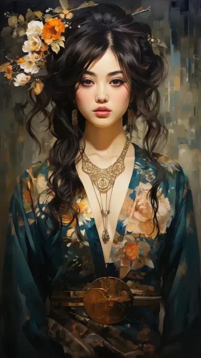 唐代模型，古斯塔夫·克林姆特的風格，紋理油畫和水彩混合，現代，杰作，聚焦，動態背景，詳細，豐富多彩。