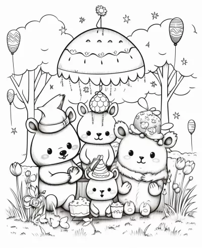 可愛動物的田野野餐，戴上迷你派對帽子，色彩斑斕的氣球飄蕩，歡快可愛，生動活潑的插圖，兒童彩色頁。