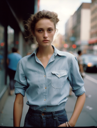 纽约街头的美丽年轻模特，穿着浅蓝色衬衫