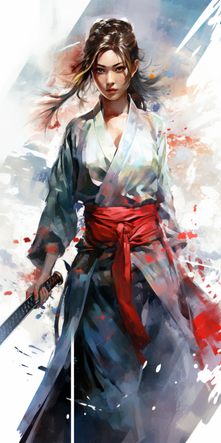 亚洲美女武术家，和风扇与剑的连续动作谜题，水彩画风，8K HDR。