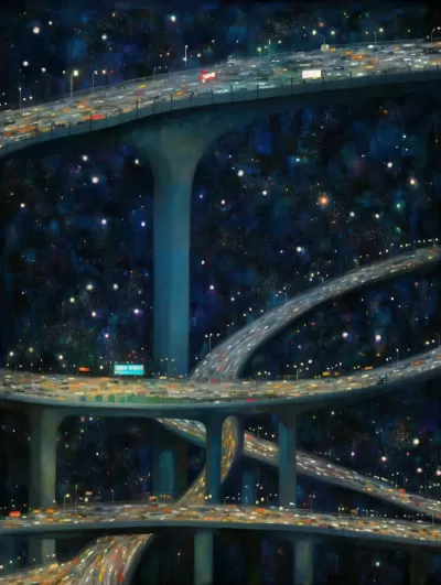 夜晚高速公路，鳥瞰視角，車燈熠熠生輝