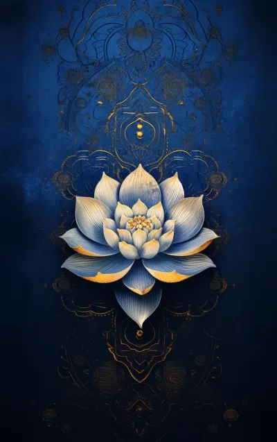 蓮花，拜占庭藝術，天體，皇家藍與古老金的風格，色彩褪去，低飽和度，紋理背景。