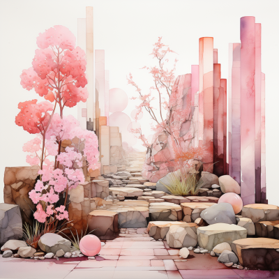 水彩枯山水，石頭花園極簡主義，粉白色調，抽象。