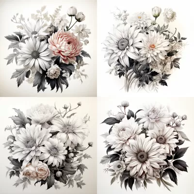 “灰度之美，花藝創作：賞心悅目的雛菊、菊花、牡丹與瓢蟲插畫”