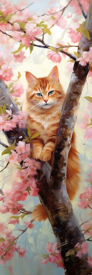 花树上的猫，温馨水彩风景