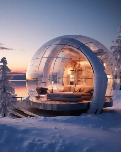 雪地中透明的充氣別墅，與落日相映成趣，令人陶醉的8K美景。