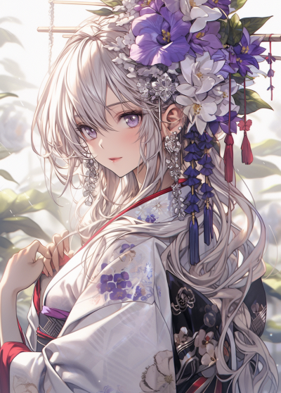 白發紫衣花兒女，黑白風格掠影中。
