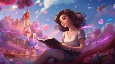 《想象中的世界》：少女紙上寫滿快樂，想象中的角色躍入粉云，數字插畫，紫羅蘭和洋紅交織。