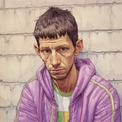 孤獨的俄羅斯貧民窟男子，紫色阿迪達斯運動服，凝視墻上的相機。