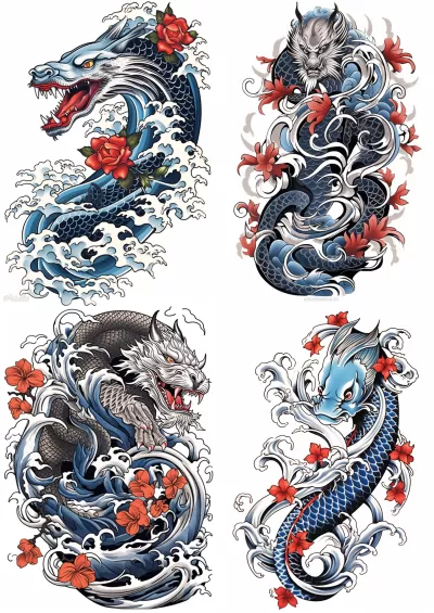 傳統日本刺青紋身設計，全長矢量T恤設計，線條銳利，對比度高，八種顏色，白色背景，8k。