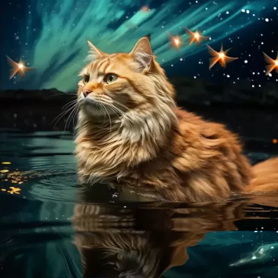 翱翔水中的貓咪，翅膀上的魚兒，星光軌跡攝影，絢麗32K高動態范圍。