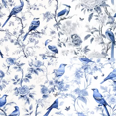 白底藍鳥紋，細致Toile de Jouy插圖