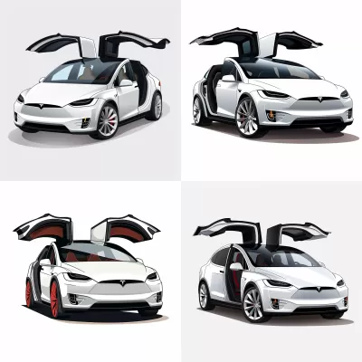 卡通特斯拉Model X矢量圖，車門敞開，簡潔矢量，剪貼畫，2D矢量資產(chǎn)，簡約矢量，粗線輪廓，白色背景。