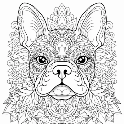 簡約向量黑白涂色首頁，復(fù)雜曼陀羅，兩只法國斗牛犬紋樣