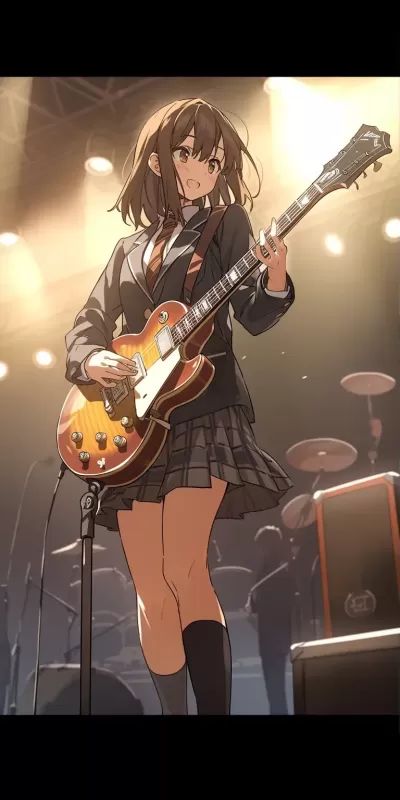 早期2000年代歐洲搖滾女孩，穿著正式服裝，在舞臺上彈奏吉他，棕色頭發，棕色眼睛，全身特寫，電影攝影。