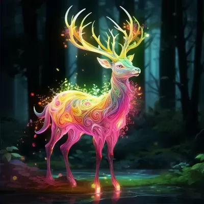 神奇的彩色森林中的美麗明亮的綠黃粉魔法鹿