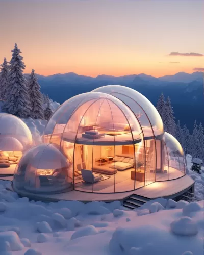 雪地中透明的充氣別墅，與落日相映成趣，令人陶醉的8K美景。