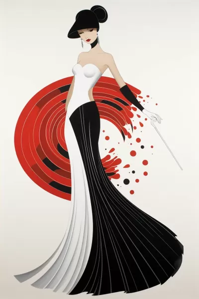 艾爾特（Erté）和杰克·休斯（Jack Hughes）合作設(shè)計(jì)的扁平風(fēng)格海報(bào)，美麗的舞者穿著由多彩的阿迪雷花紋絲綢制成的長(zhǎng)裙，在純白背景上跳動(dòng)著瑪莎·格雷厄姆（Martha Graham）的現(xiàn)代芭蕾舞蹈。