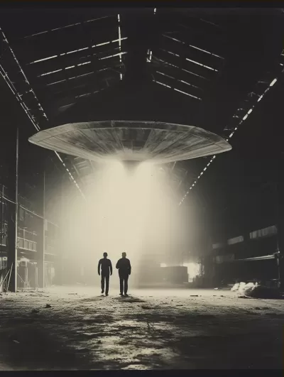 科學家在1947年恢復的UFO前攝于機庫的拍立得照片