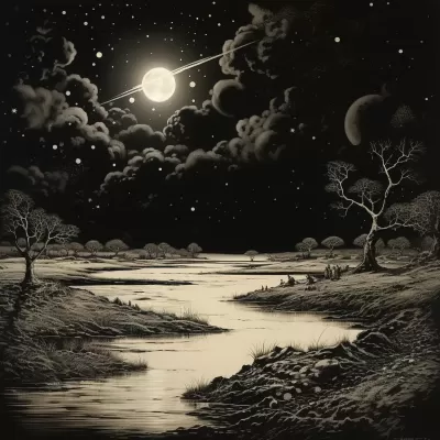 月高星閃，夜幕降臨，日本墨畫，夜景16k，高清絢麗