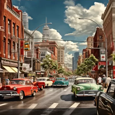 紅車穿梭，時光穿越：50年代諾曼·洛克威爾風格繪畫中的城市鬧市勾引您的目光
