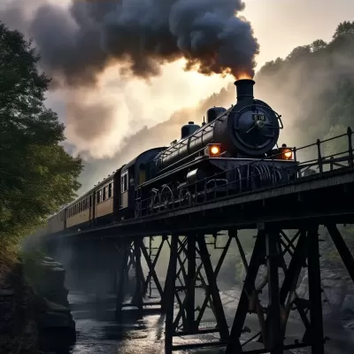 蒸汽時代的火車穿過鐵橋