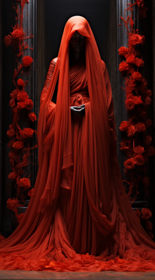幻境高级面纱：奢华时装与惊艳美貌交融，Tim Walker之镜头下的杰作。这幅4K肖像展示了一位高级时尚模特戴着一层充满痛苦感的面纱。面纱上的红色涂漆与她华丽的礼服形成鲜明对比。尼康Z6和尼克尔Z 85mm f/1.8 S镜头捕捉到每一个精美细节。