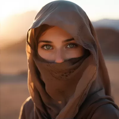 沙漠盡頭，浪漫落日，俄羅斯女孩在面紗下，眼神如煙，美得令人陶醉。