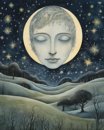 月亮俯視夜晚的草地，如童話插圖般豐富層次感。