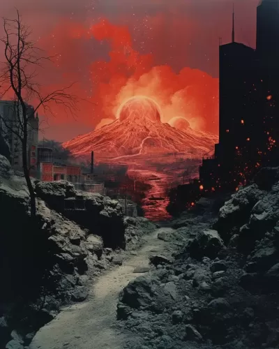 夜晚的冬日雪中，蘇聯失落小鎮街頭涌動著火山熔巖河，催人心動的1960年代復古拼貼。