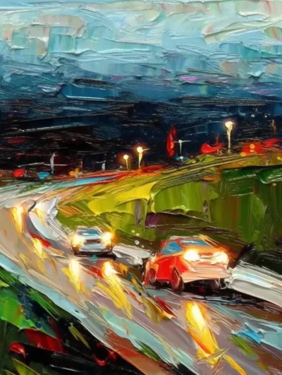夜晚高速公路，鳥瞰視角，車燈熠熠生輝