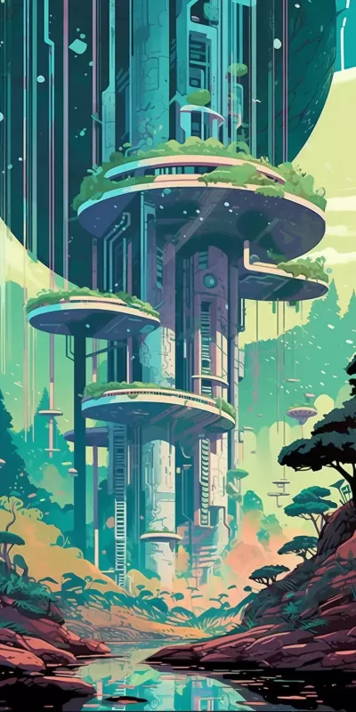 未來幻想世界：童話般魅力驚艷建筑、瀑布水從苔石傾瀉、紅木森林、波西米亞未來天堂、樹枝般連接的高架步道，超廣角，以Syd Mead、Ana Maria Edulescu和Paul Lik風格，ASCII藝術。