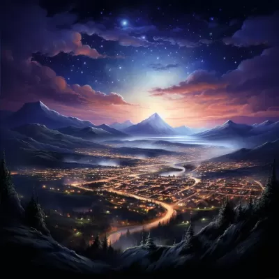 群山巔峰3星辰，璀璨夜空映城市，河谷水潤融和。