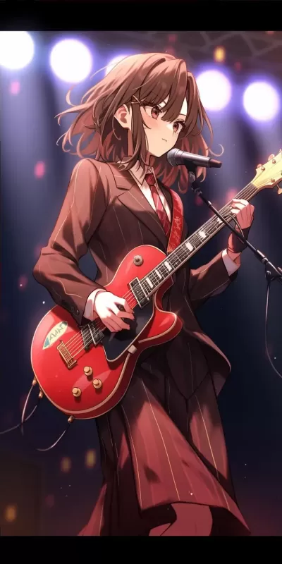 早期2000年代歐洲搖滾女孩，穿著正式服裝，在舞臺上彈奏吉他，棕色頭發，棕色眼睛，全身特寫，電影攝影。