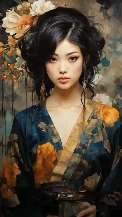 唐代模型，古斯塔夫·克林姆特的風格，紋理油畫和水彩混合，現代，杰作，聚焦，動態背景，詳細，豐富多彩。