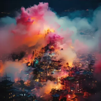 煙霧繚繞下的絢麗都市，山川與霓虹交相輝映