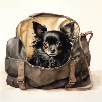 “黑色長毛吉娃娃犬坐在手提包里，小爪伸出來，清晰細膩的白色背景中的水彩畫”